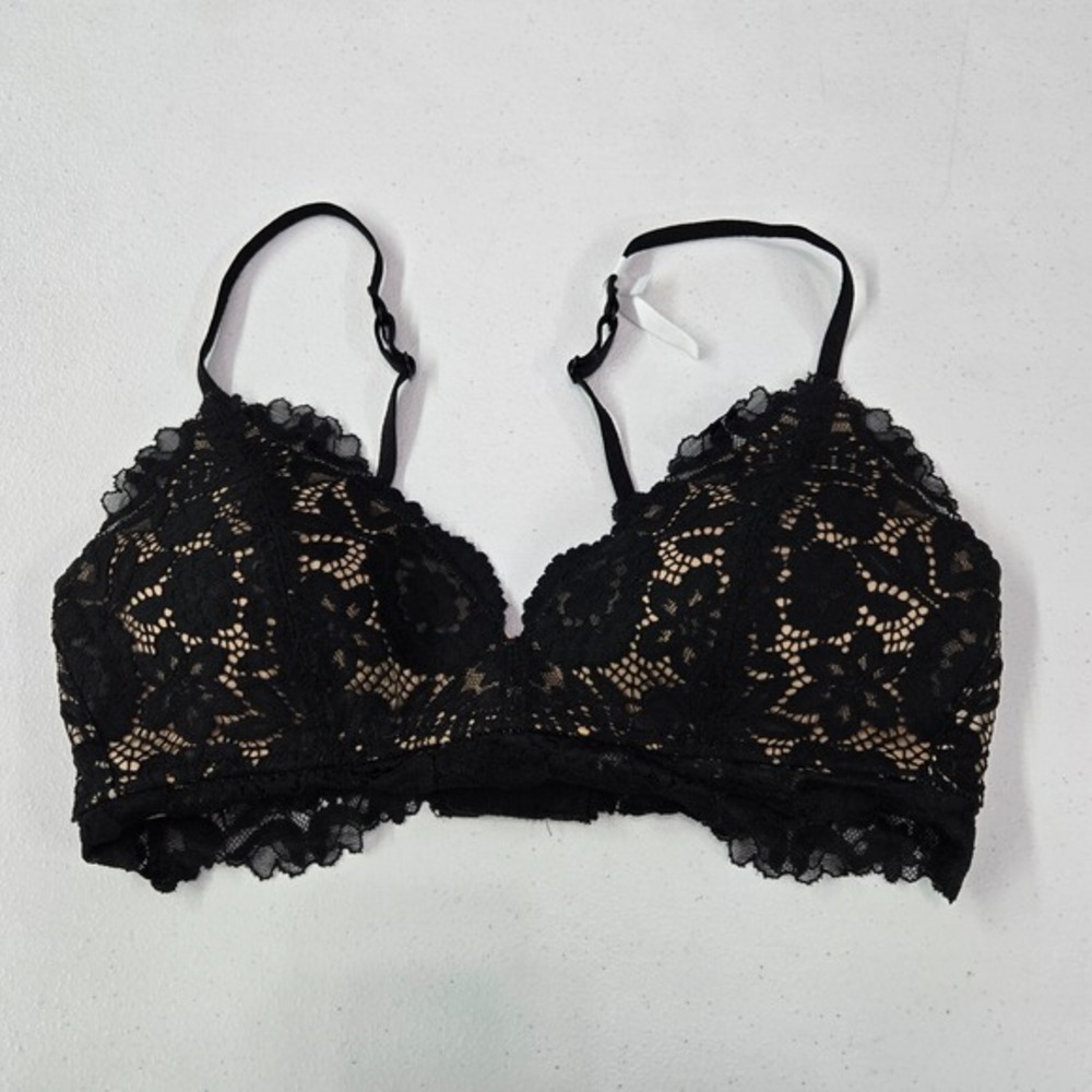 Aerie Women Bra 32C Black Lace Long Line Nude Lightly Lined Adjustable Straps‎